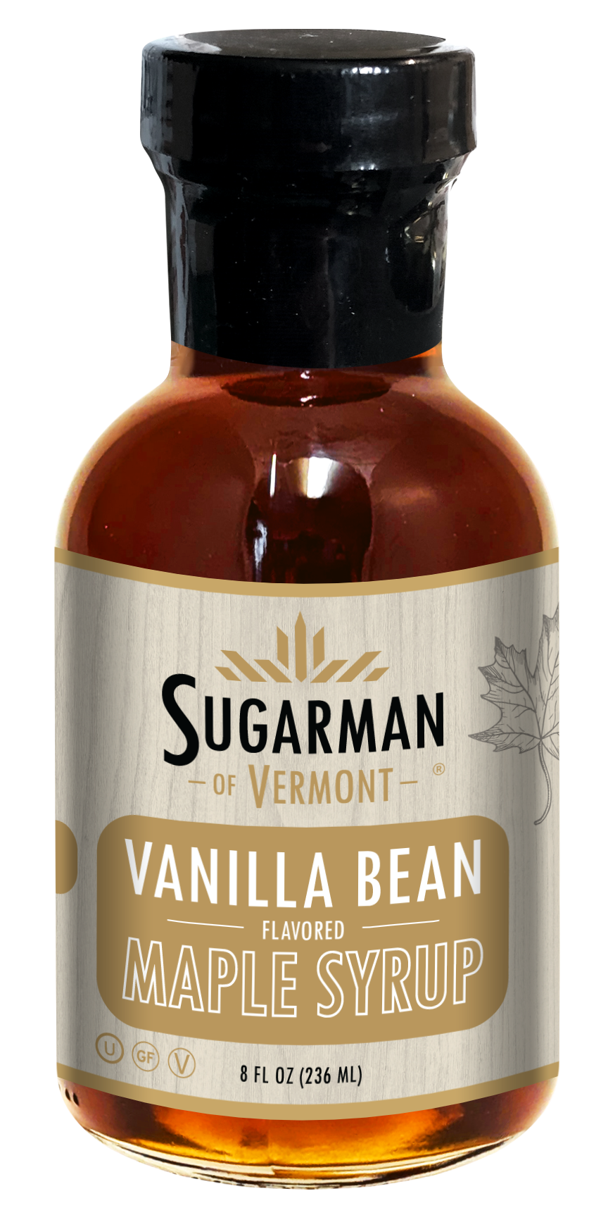 Bottle of Sugarman of Vermont vanilla bean flavored maple syrup, 8 fl oz.